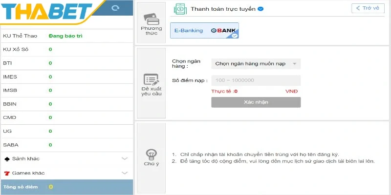Nạp tiền vào THABET theo phương thức thanh toán trực tiếp/QR