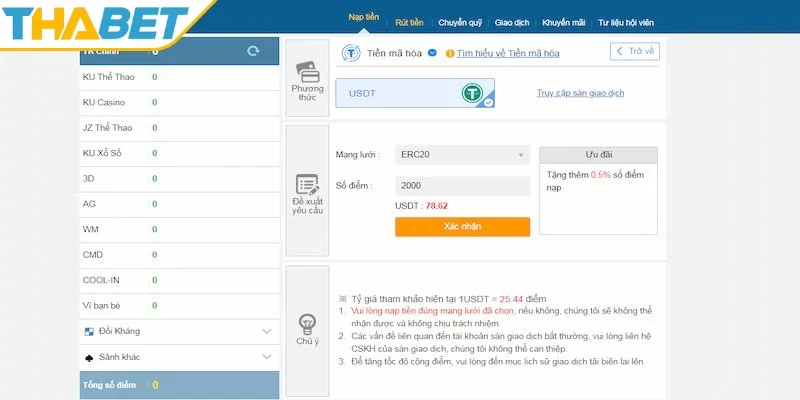 Nạp điểm vào THABET từ tiền mã hoá